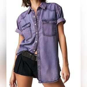 We The People Denim Button Up Shirt Short Sleeve Chambray Top - Free People